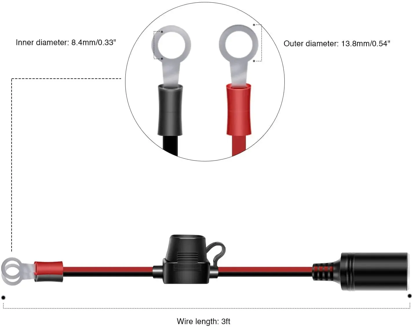 3FT Female Cigarette Lighter Outlet With Eyelet Terminal Fuse Holder