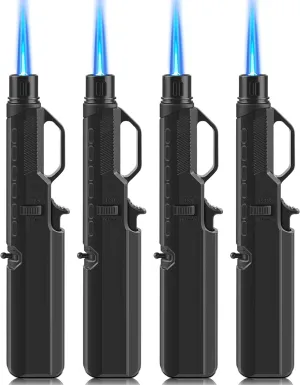 4 Pack of Torch Lighter, Windproof Adjustable Jet Flame, with Safety Lock, Long Refillable Butane Torch Lighters for Grill, Camping, Candle, Stove (NO Gas)