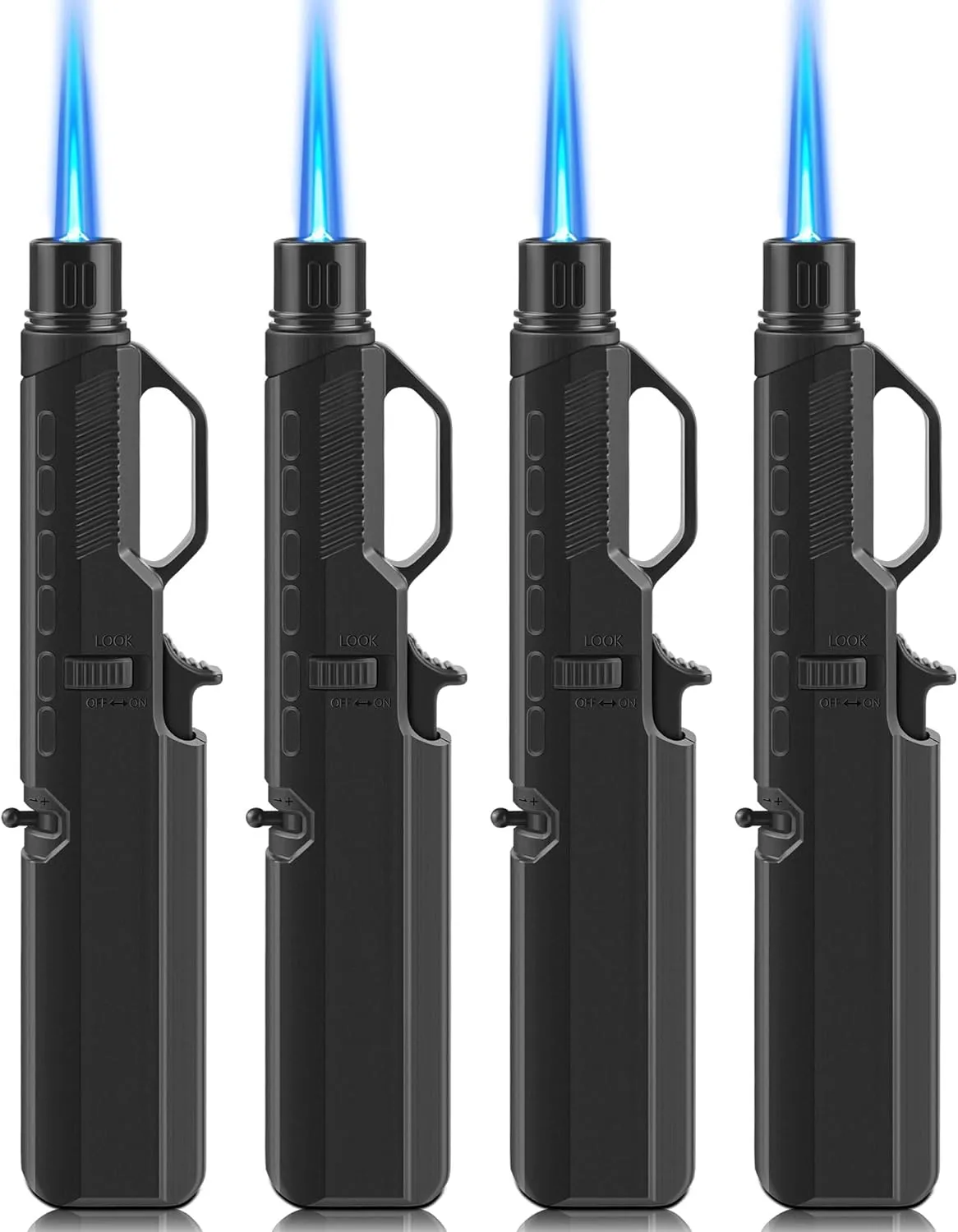 4 Pack of Torch Lighter, Windproof Adjustable Jet Flame, with Safety Lock, Long Refillable Butane Torch Lighters for Grill, Camping, Candle, Stove (NO Gas)
