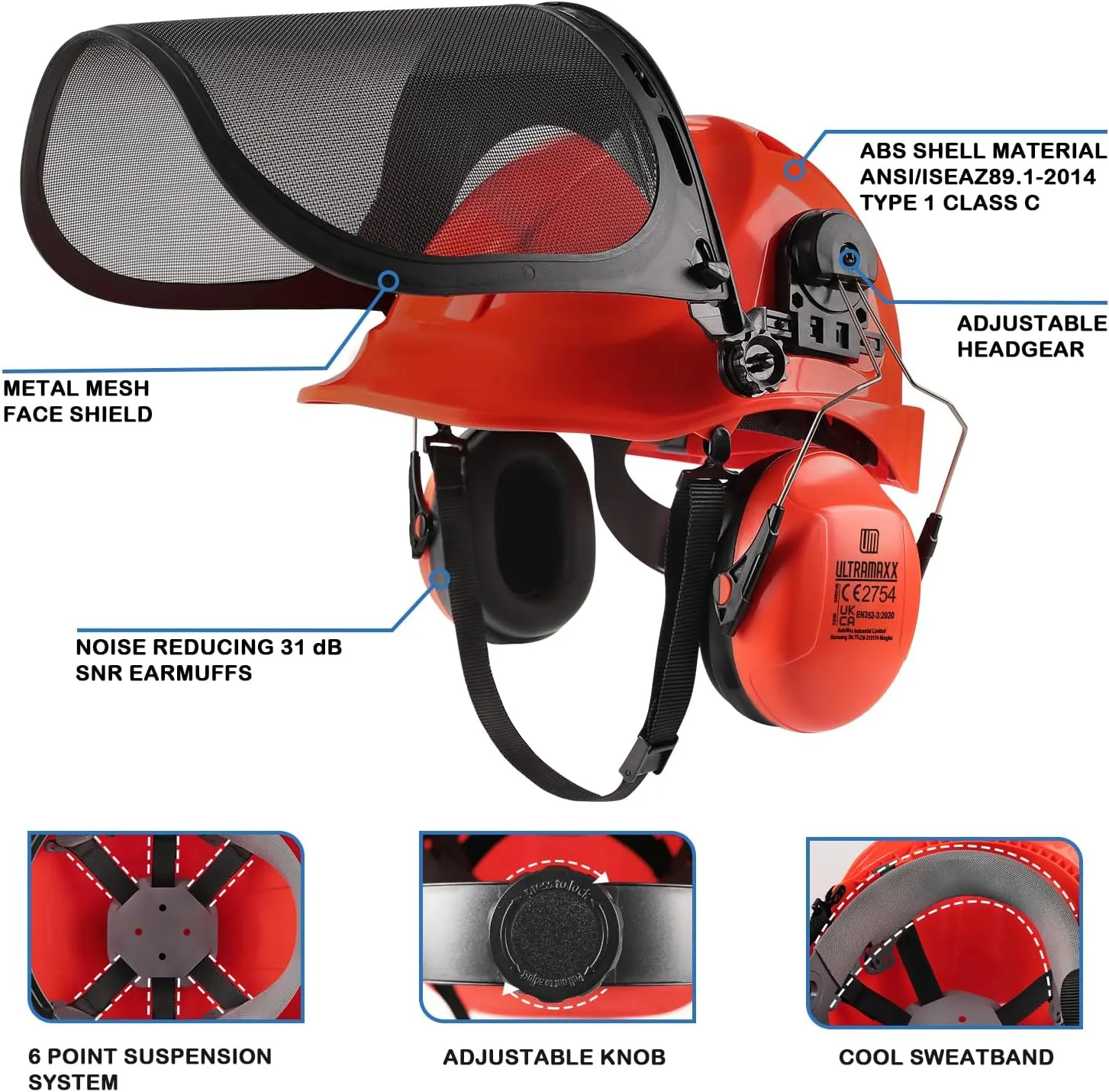 6-in-1 Chainsaw Helmet with Mesh Face Shield and Hearing Protection Ear Muffs, Forestry Safety Hard Hat Kits, ANSI Z89.1 Approved Certified Arborist Helmet, Orange