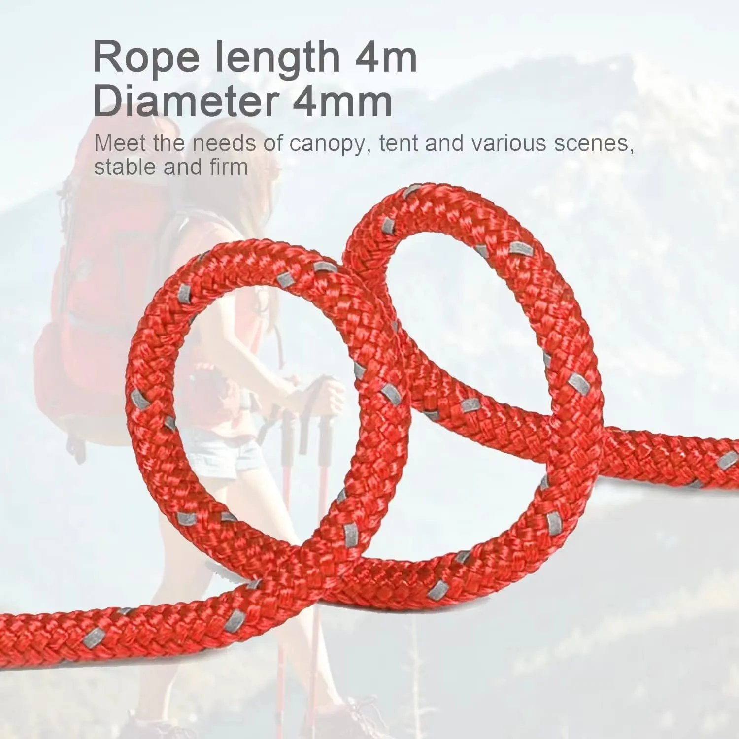 8 Pack High-Reflective Guy Lines 4mm Tent Cords High-Strength Lightweight Camp Ropes with Aluminum Adjuster Tensioner for Tent, Tying Down Tarps, Camping, Outdoor Packaging (Red, 13ft)