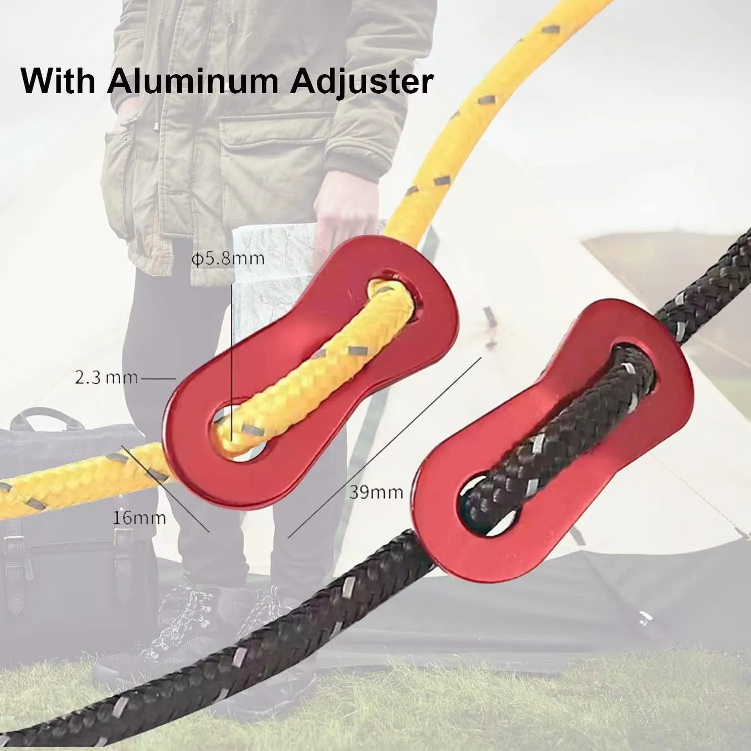 8 Pack High-Reflective Guy Lines 4mm Tent Cords High-Strength Lightweight Camp Ropes with Aluminum Adjuster Tensioner for Tent, Tying Down Tarps, Camping, Outdoor Packaging (Red, 13ft)
