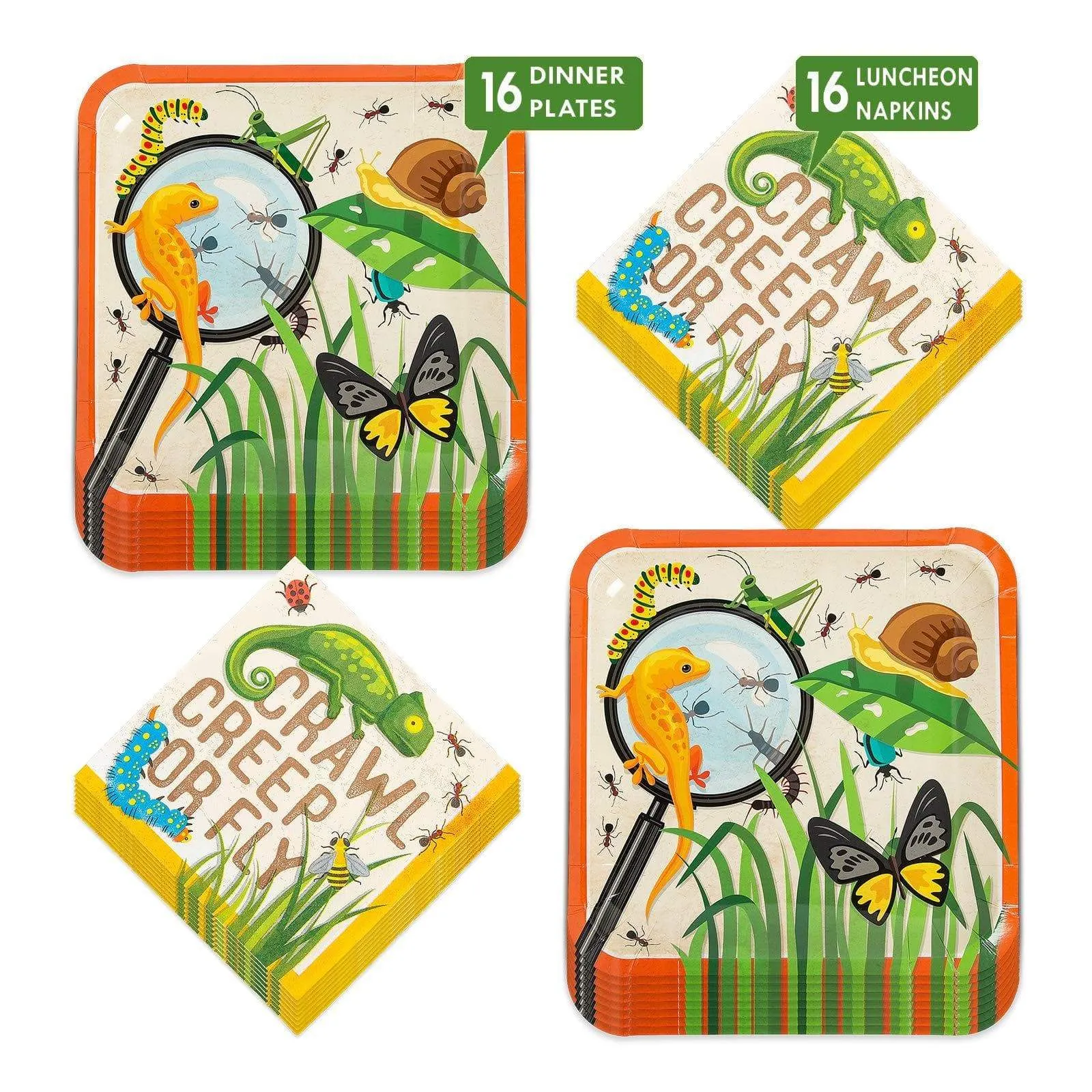 Bug and Insect Backyard Adventure Paper Dinner Plates and Lunch Napkins (Serves 16)