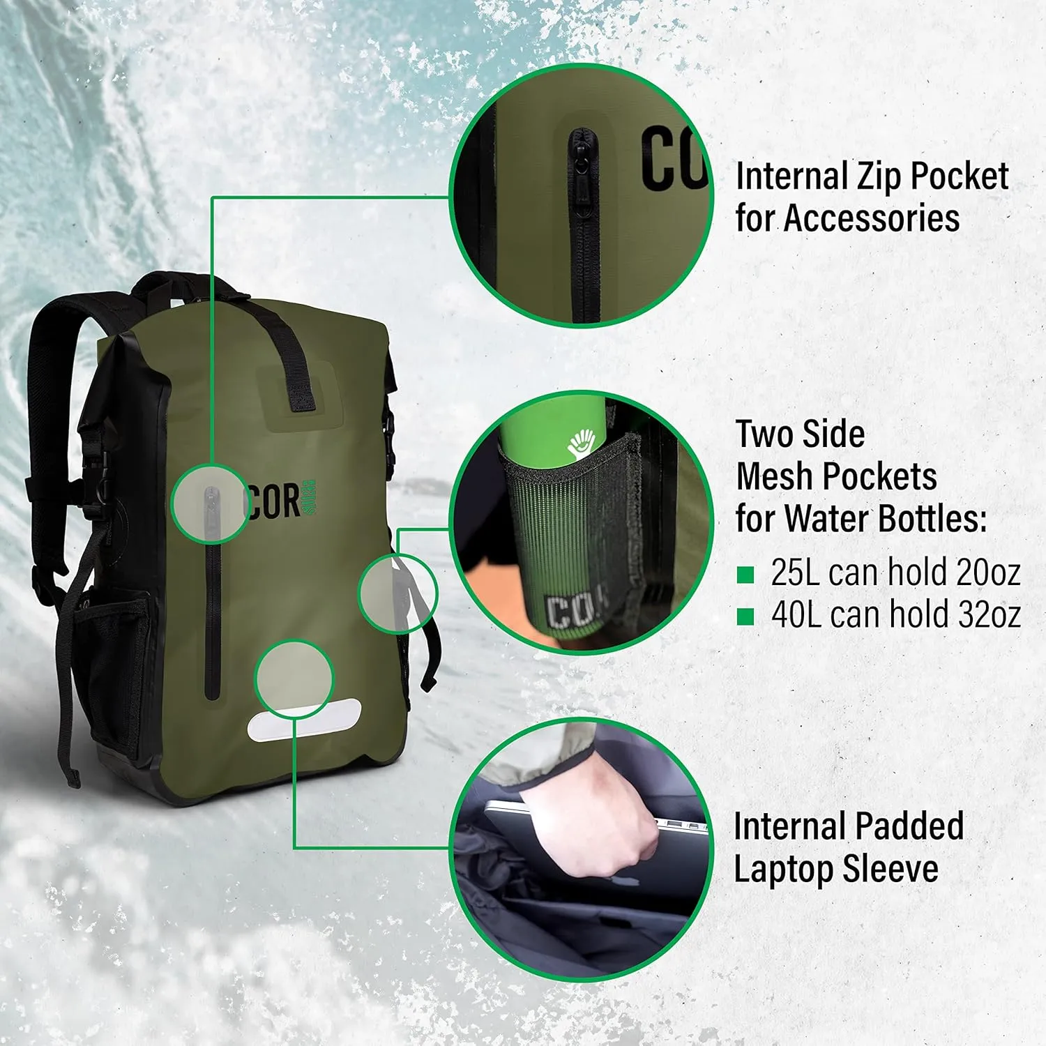 COR Surf Waterproof Dry Bag Backpack with Padded Laptop Sleeve 25L & 40L Heavy Duty, Roll-Top Pack (Camo, 25L)