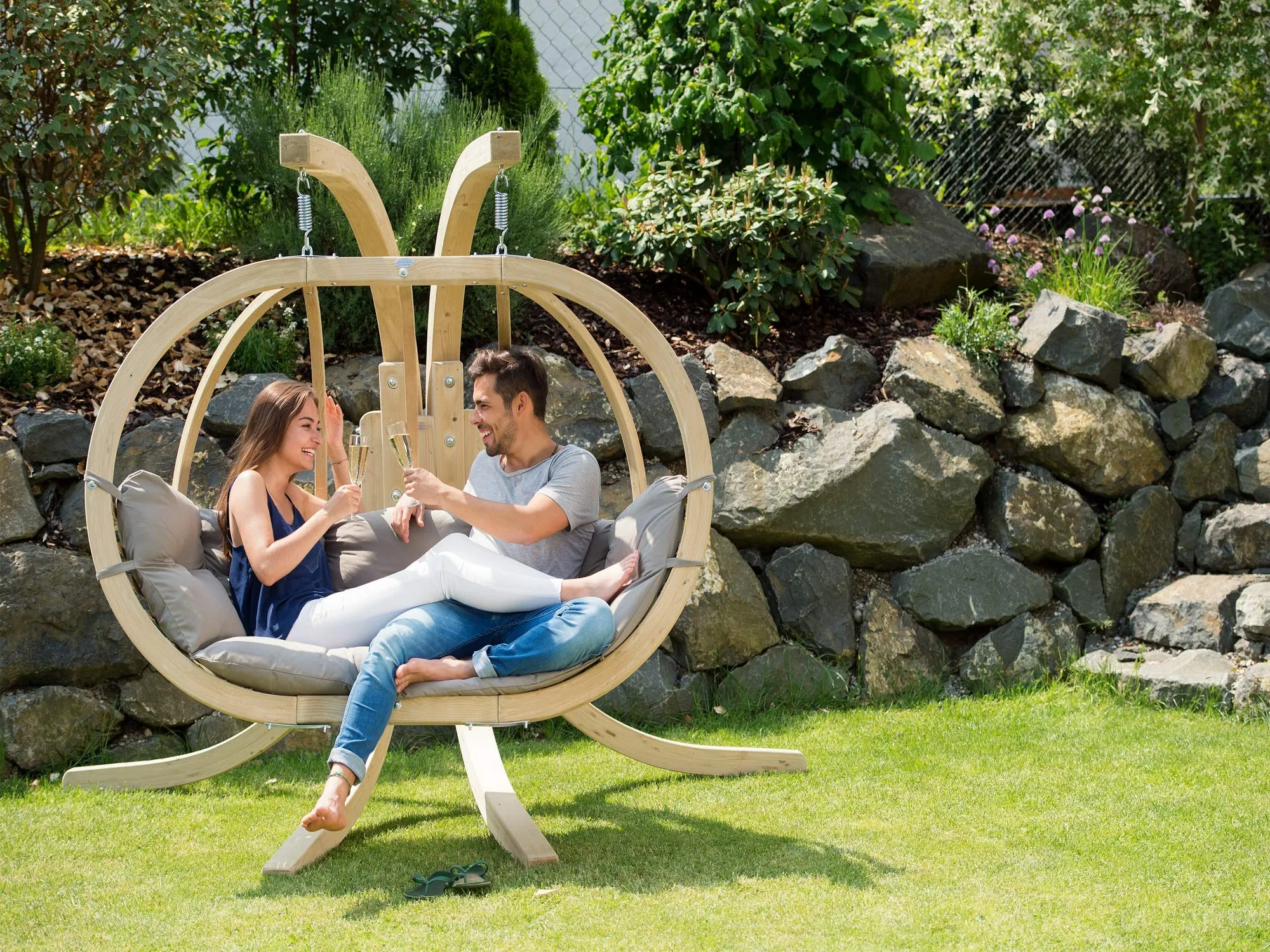 Double Globo Hanging Chair with Grey Cushions - Outdoor Living and Style
