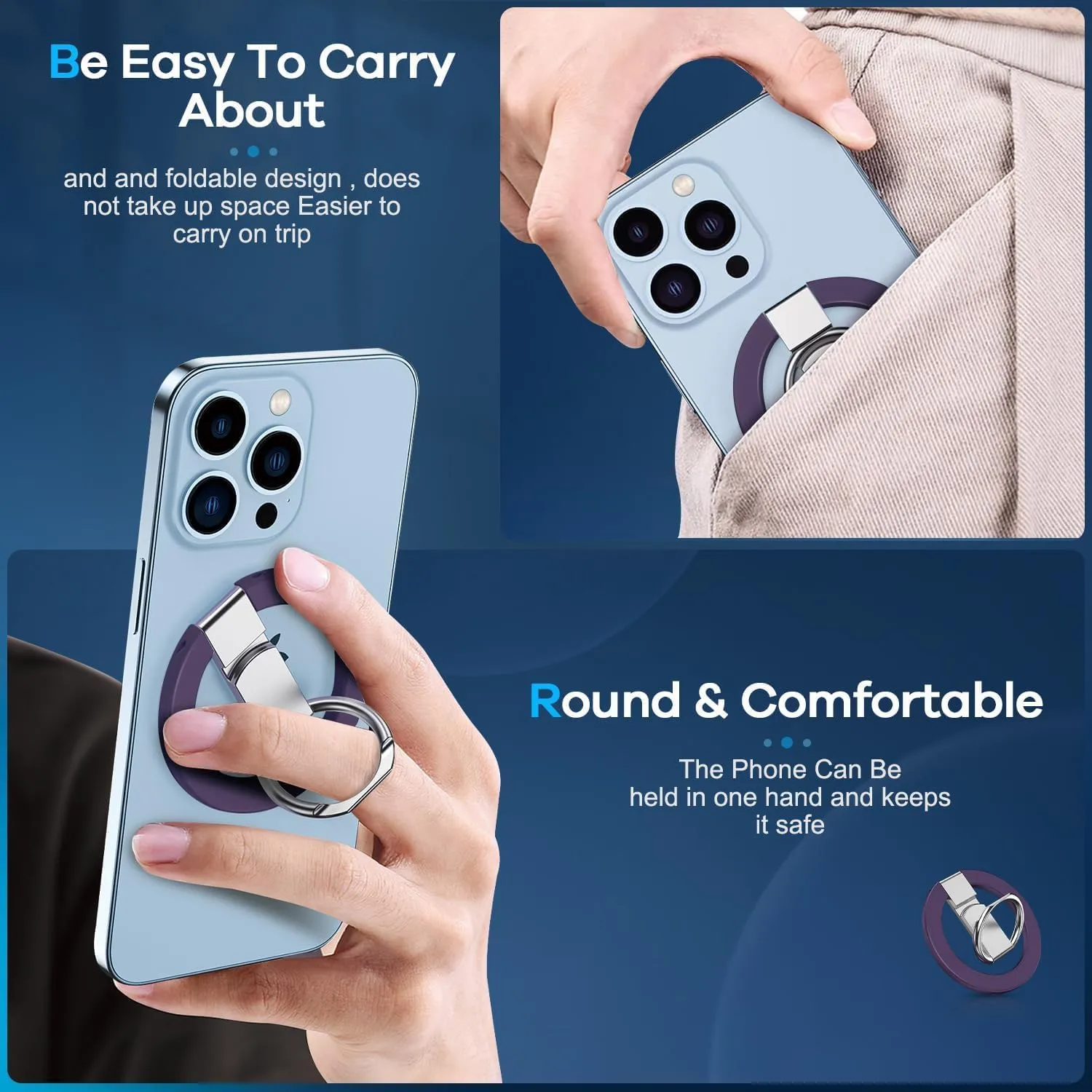 Foldable Magnetic Finger Loop Grip Kickstand for iPhone Smartphone Secure Non-Slip Ring Holder Adjustable 360 Degree Rotation Lightweight Slim Ergonomic Portable Durable Grip Accessory Color Purple