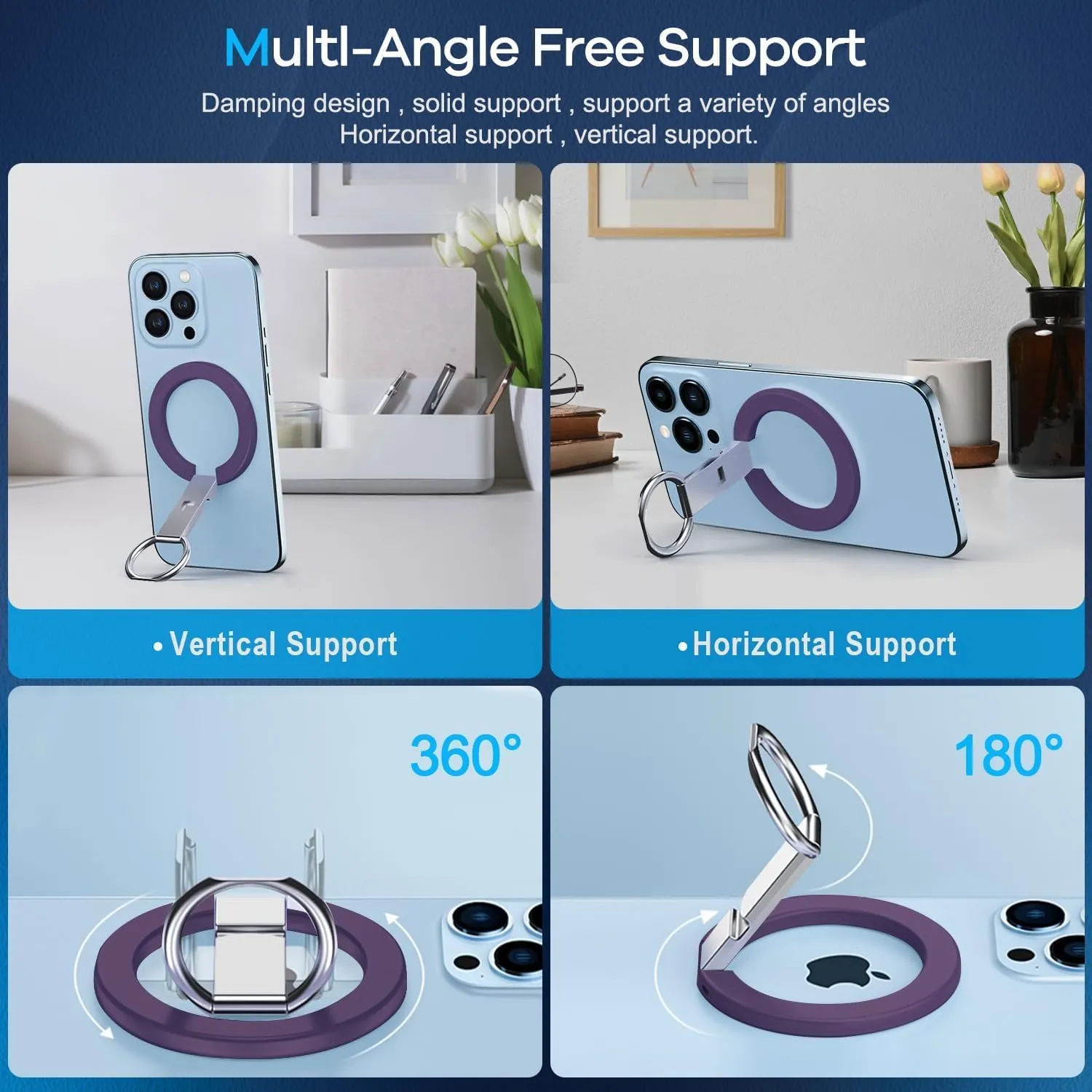Foldable Magnetic Finger Loop Grip Kickstand for iPhone Smartphone Secure Non-Slip Ring Holder Adjustable 360 Degree Rotation Lightweight Slim Ergonomic Portable Durable Grip Accessory Color Purple