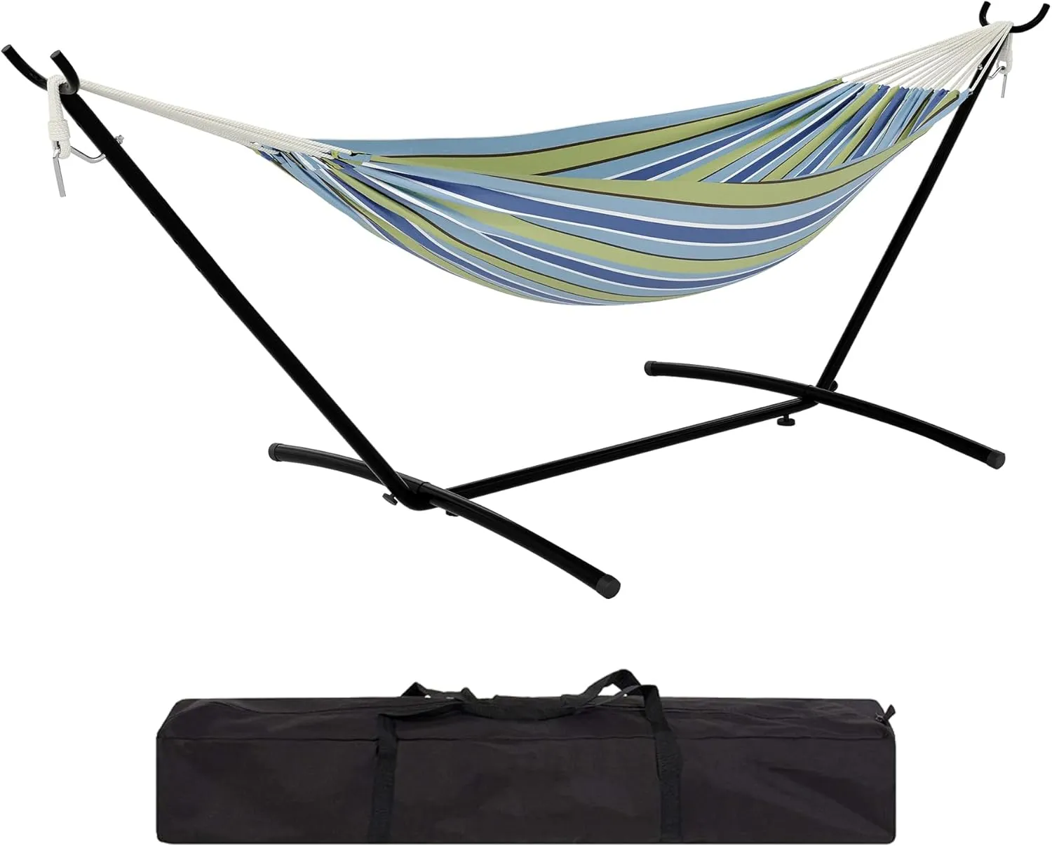 Hammock with Stand  Heavys Duty 500 LBS Capacity, Portable Hammock Set for Outdoors, Indoors, Patio, Garden, and Camping  Includes Carrying Bag and Adjustable Steel Frame(Blue Green Stripes)