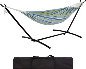 Hammock with Stand  Heavys Duty 500 LBS Capacity, Portable Hammock Set for Outdoors, Indoors, Patio, Garden, and Camping  Includes Carrying Bag and Adjustable Steel Frame(Blue Green Stripes)
