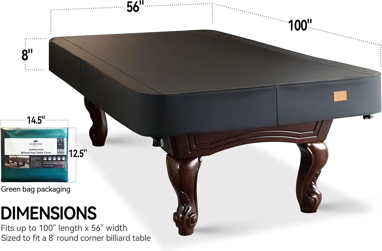 Heavy Duty Leatherette Billiard Pool Table Cover, Waterproof & Tearproof Covers for Pool Table 7/8/9FT Fitted (8 Feet/ Black)