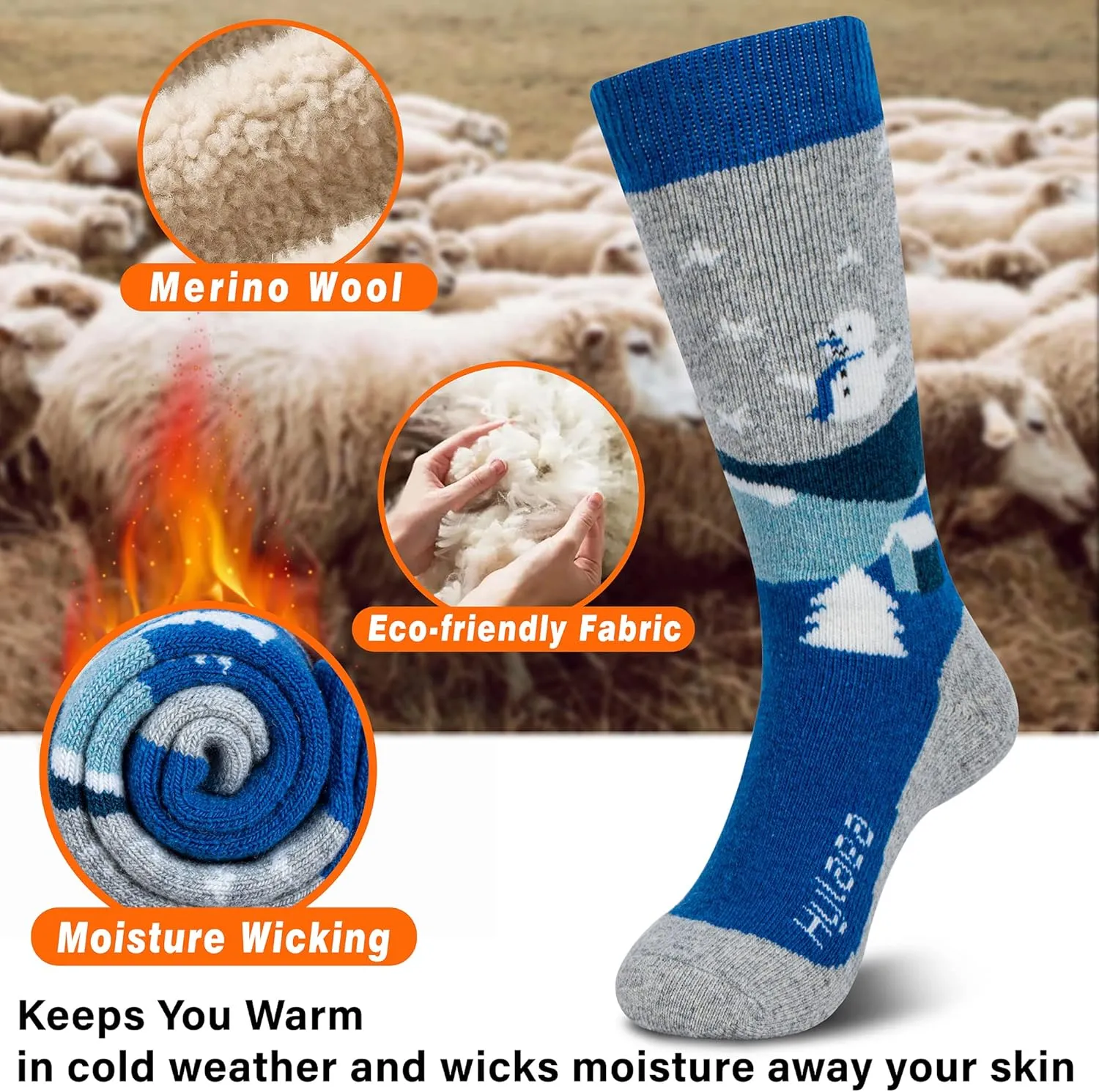 Hylaea Merino Wool Ski Socks Kids, Knee-high Warm Thermal Snowboard Skating Socks for Boys Girls Toddler