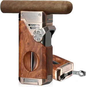 Joyoldelf Cigar Torch Lighter Quad Flame - Refillable Jet Butane Windproof Lighter with Cutter, Punch & Fuel Window (Without Butane) - Premium Gift for Men, Outdoor Smoking, Portable Use