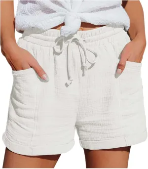 Linen Shorts for Women Drawstring High Waisted Plus Size Shorts Summer Vacation Loose Beach Pants with Pockets