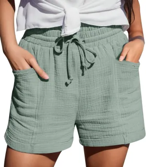 Linen Shorts for Women Drawstring High Waisted Plus Size Shorts Summer Vacation Loose Beach Pants with Pockets