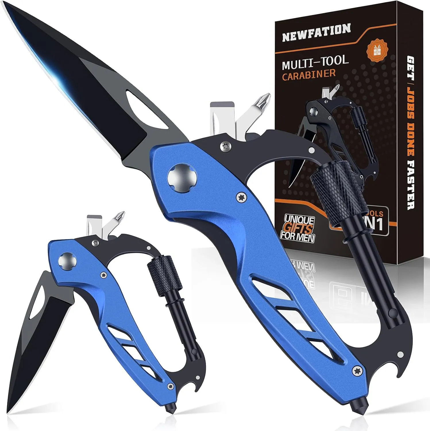 Multitool Carabiner with Pocket Knife, Gift for Men Him Dad Husband, 6-in-1 Multitool with EDC Carabiner Keychain,Bottle Opener,Window Breaker & Screwdriver,Cool Gadgets for Outdoor,Repair (Blue)