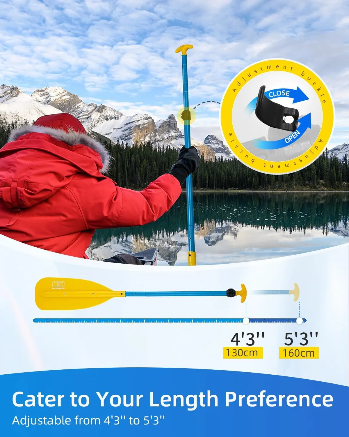 OCEANBROAD Canoe Paddle, Adjustable from 4'3''to 5'3''/130cm to 160cm Aluminum Shaft with Plastic Blade for Canoeing Boating Kayaking, 3-Piece Floatable Oar