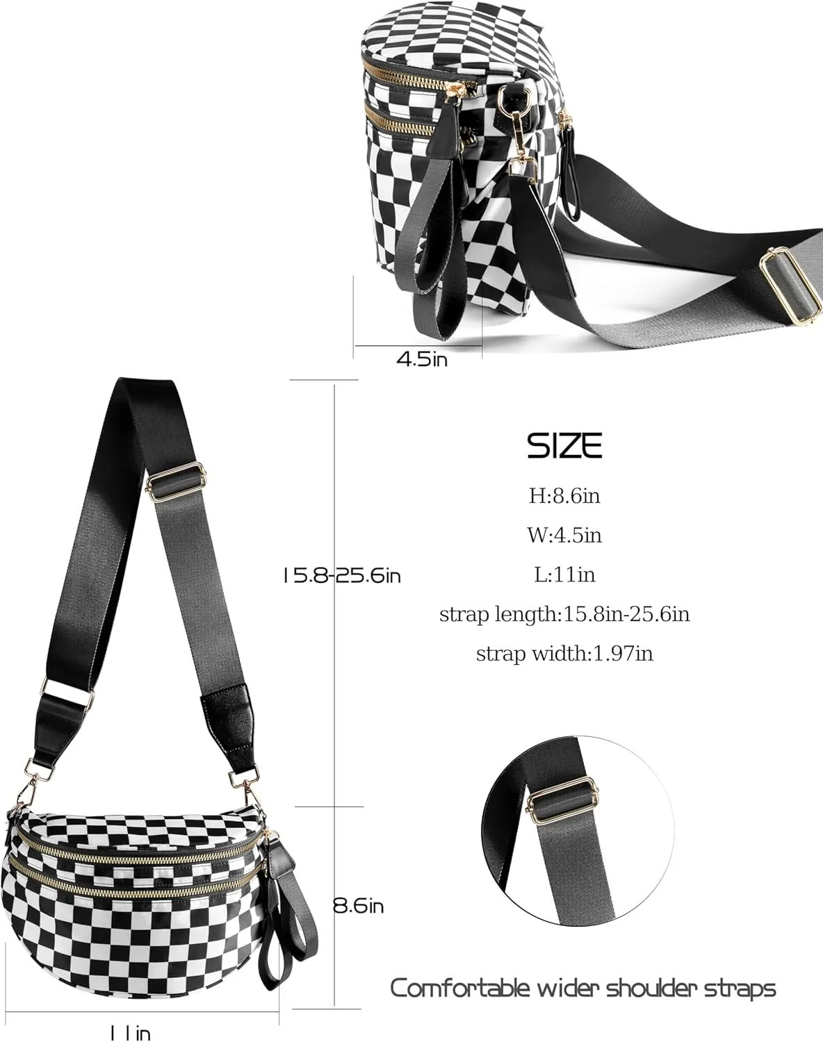Spacious Checkered Nylon Crossbody Bag Bum Bag Checkered Handbags Wallets for Women