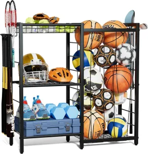 Sports Equipment Organizer, Toy Storage with Elastic Straps for Garage Organization, Rolling Ball Storage Rack for Sports Ball/Toy Storage Organizer, Garage Storage with Multi-Functional Hooks