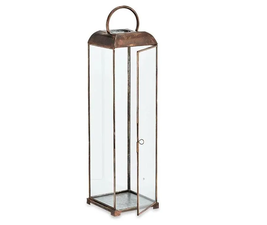 Tall Antiqued Brass Metal Box Lantern - Kas - Two Sizes